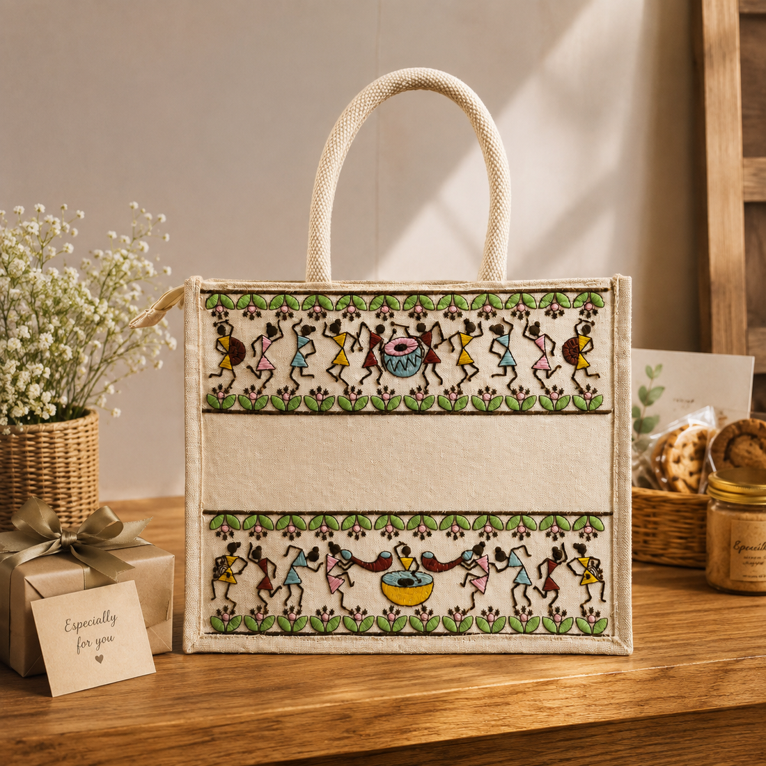 Plain Tribal Beats Warli Hamper Bag - Beige
