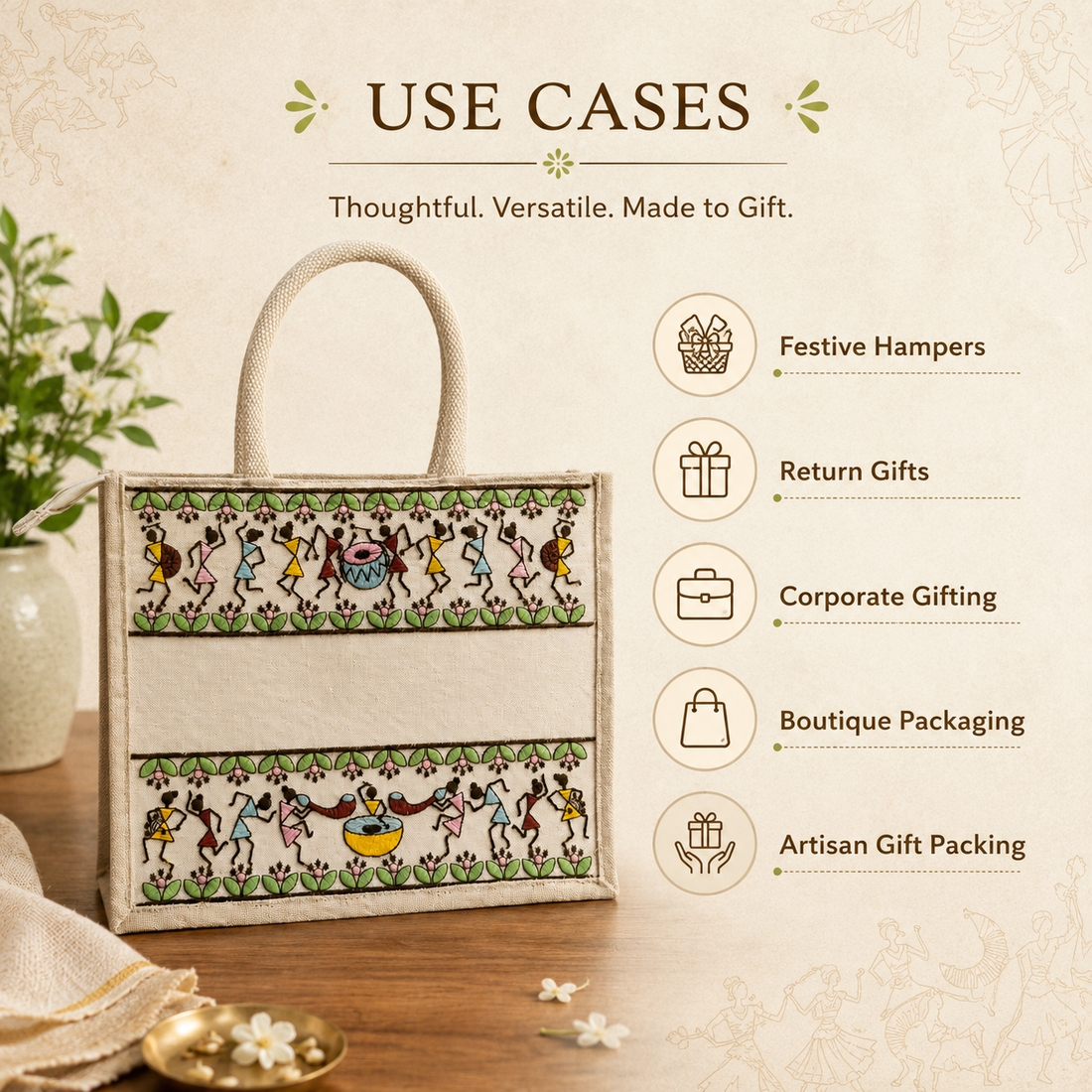 Tribal Beats Warli Hamper Bag - Beige