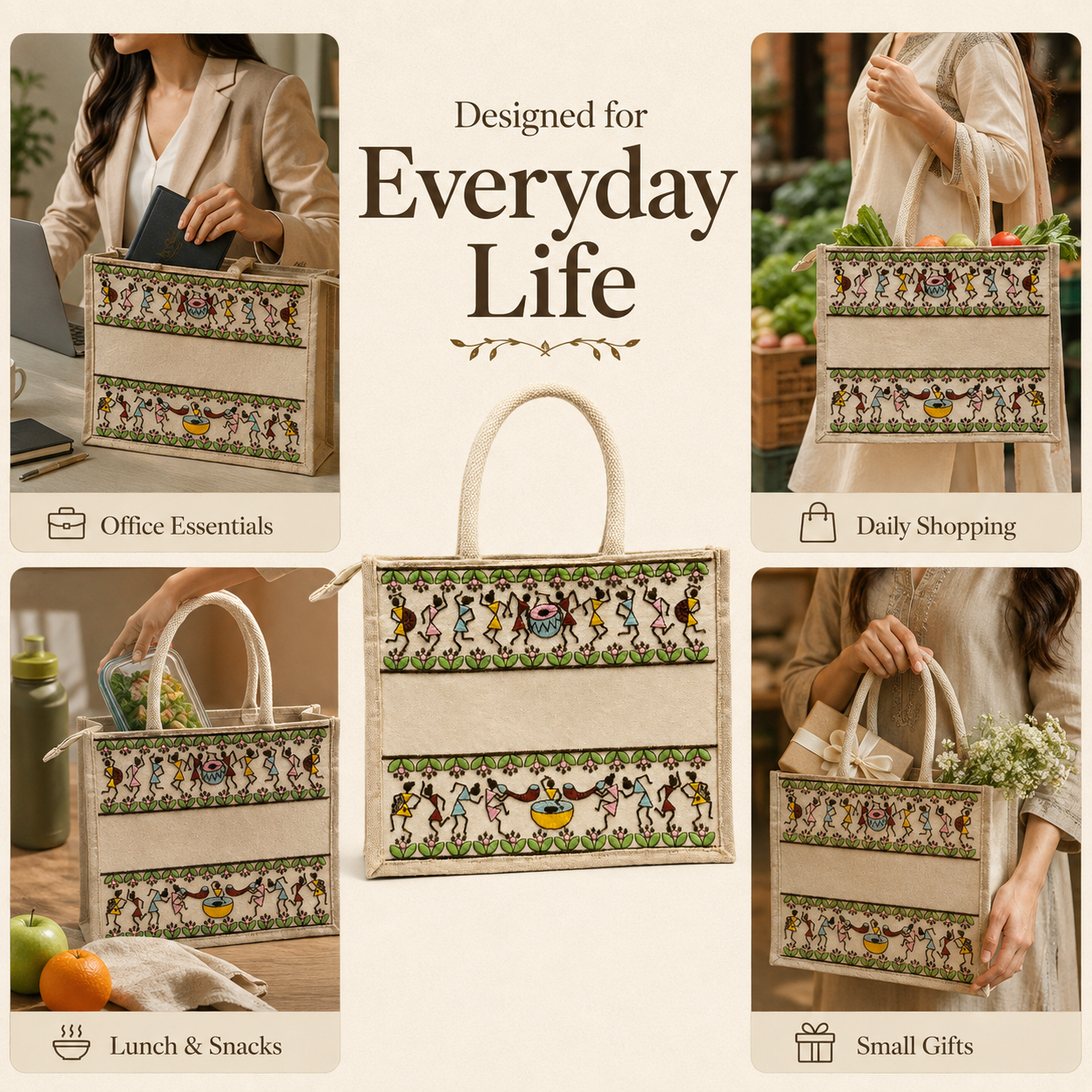 Tribal Beats Warli Hamper Bag - Beige