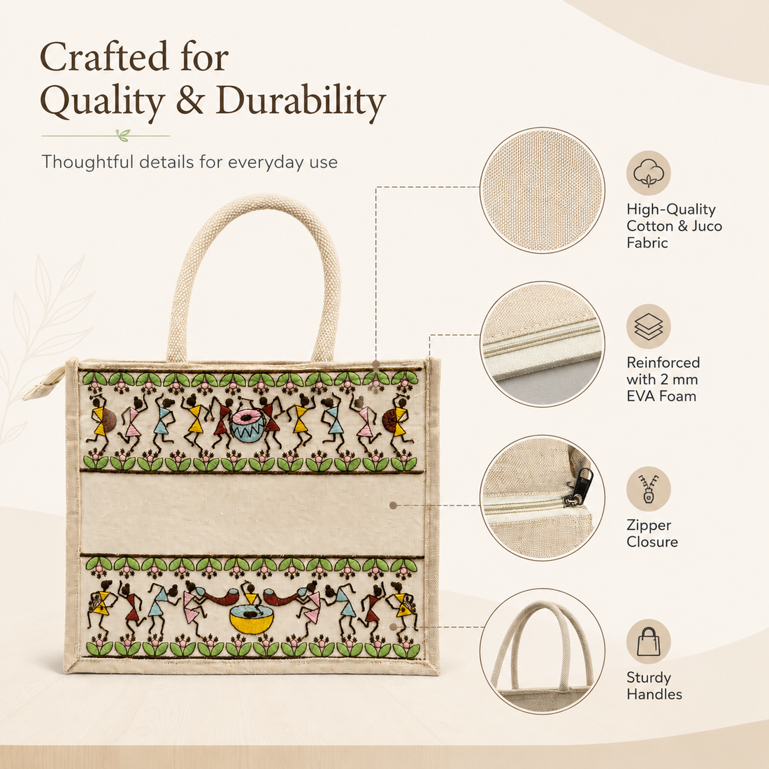 Plain Tribal Beats Warli Hamper Bag - Beige