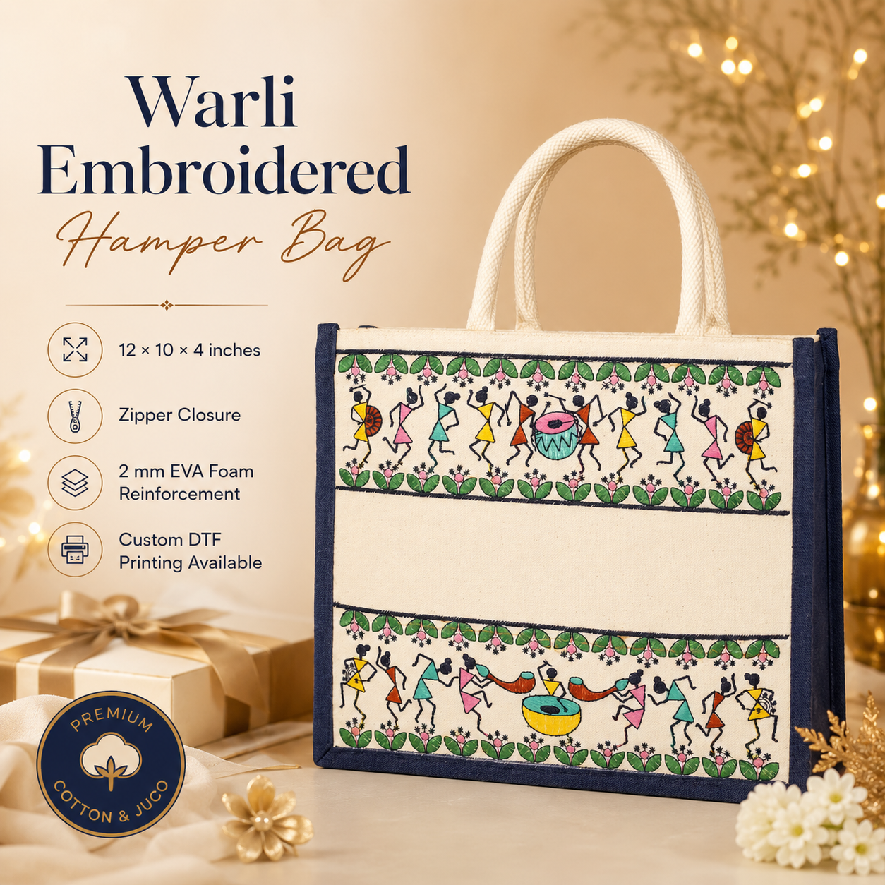 Plain Tribal Beats Warli Hamper Bag - Navy Blue