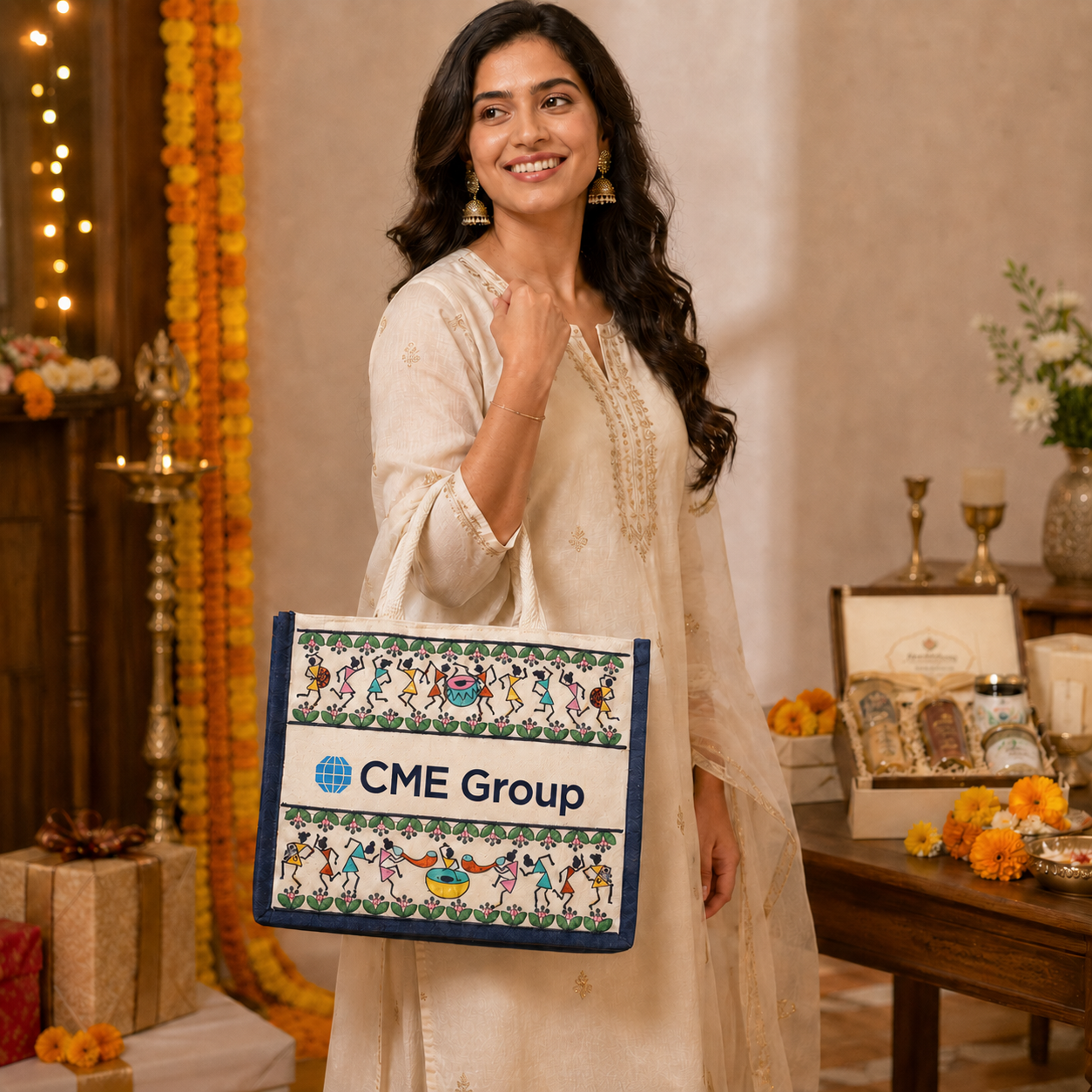 Tribal Beats Warli Hamper Bag - Navy Blue