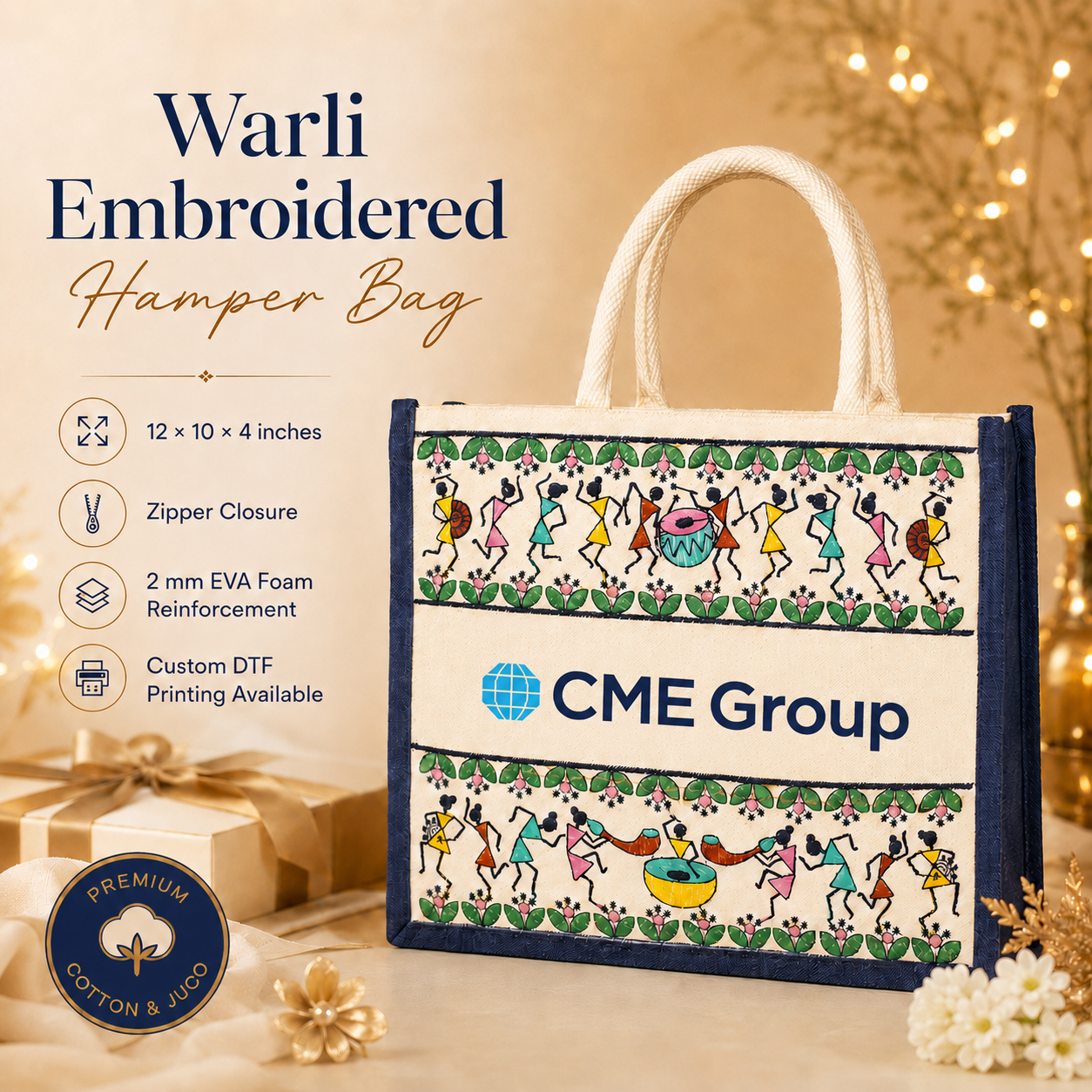 Tribal Beats Warli Hamper Bag - Navy Blue