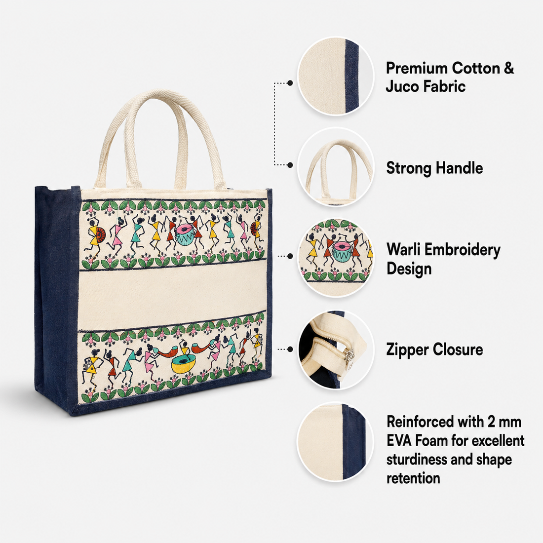 Plain Tribal Beats Warli Hamper Bag - Navy Blue