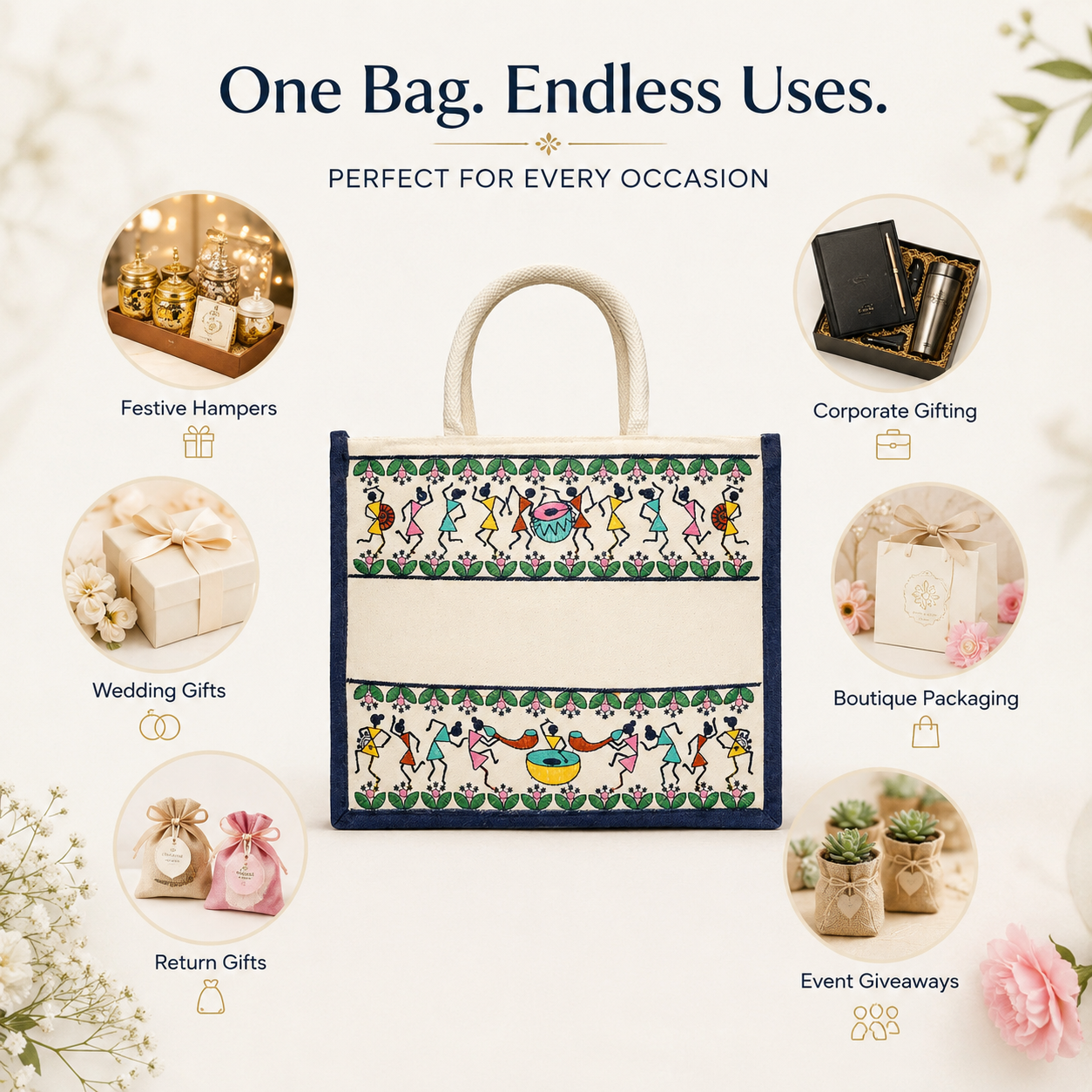 Plain Tribal Beats Warli Hamper Bag - Navy Blue
