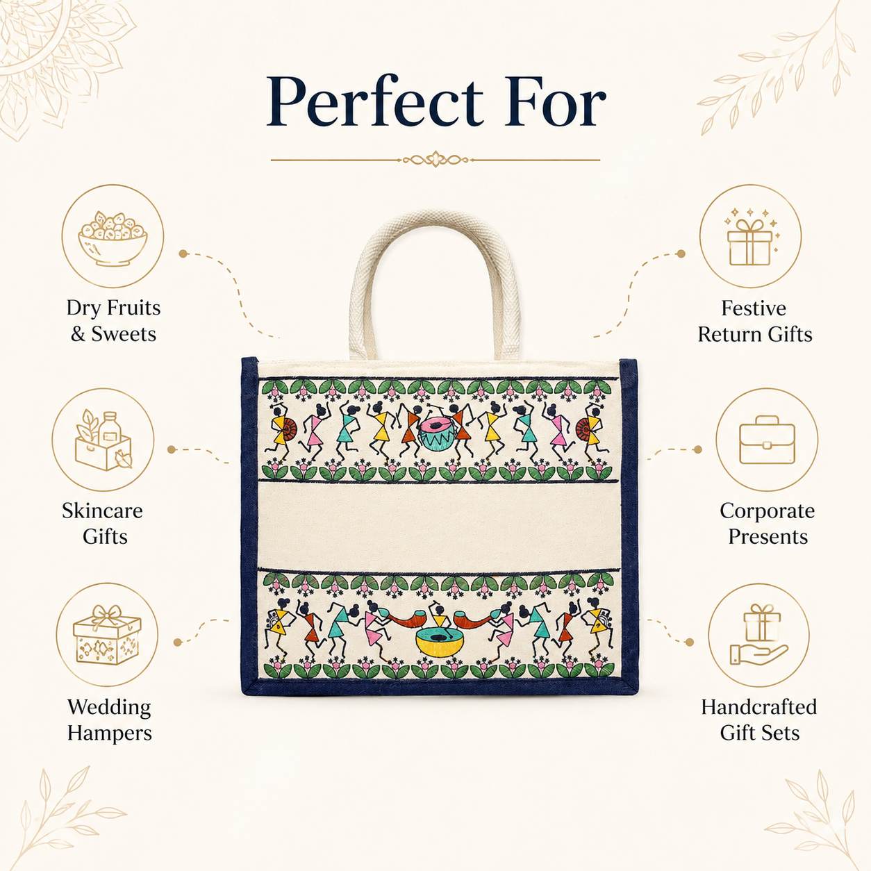 Plain Tribal Beats Warli Hamper Bag - Navy Blue
