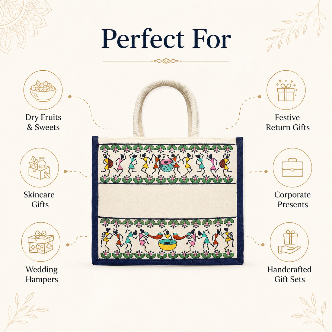 Plain Tribal Beats Warli Hamper Bag - Navy Blue