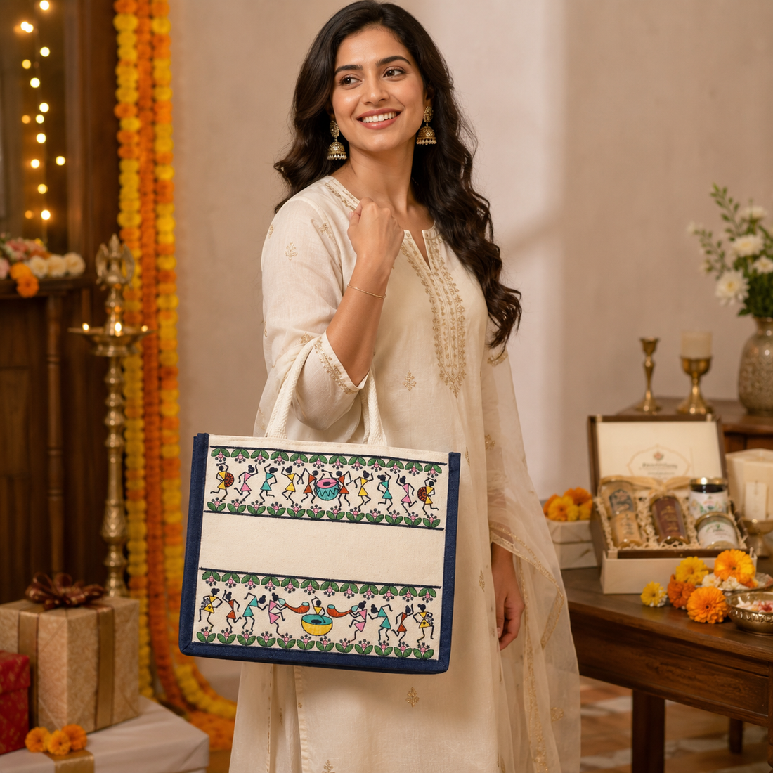 Plain Tribal Beats Warli Hamper Bag - Navy Blue