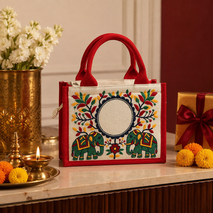 Twin Elephant Embroidered Hamper Bag