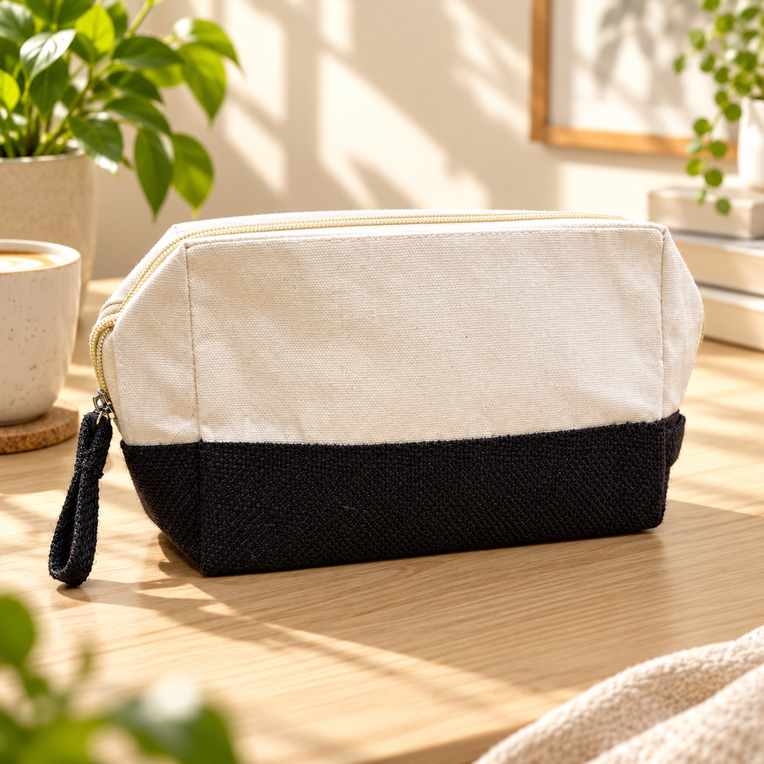 Plain 8x5x3 Black & Natural Cotton Canvas Zipper Pouch | 220 GSM