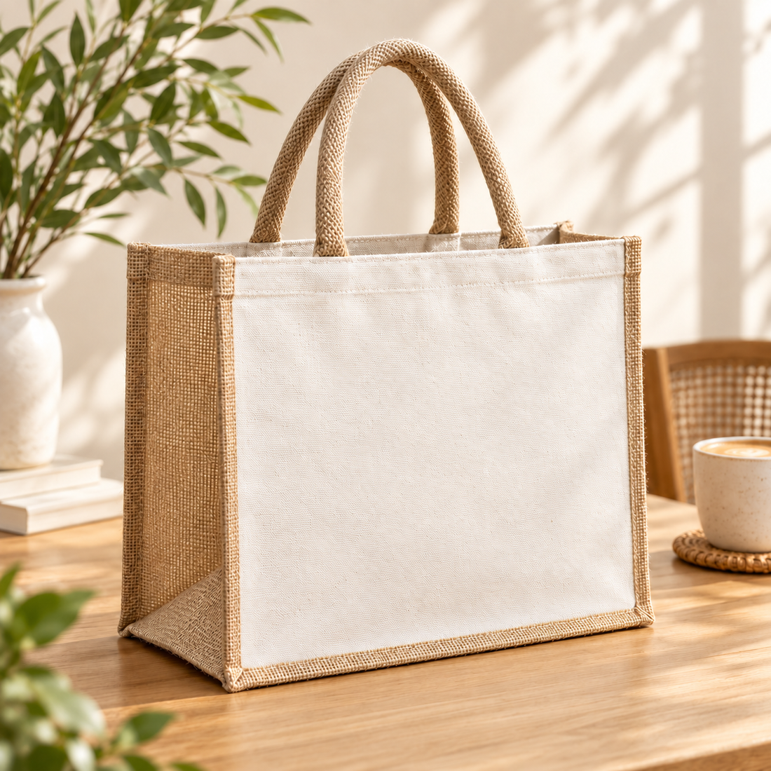 Plain 16x13x6 Natural Laminated Jute & Canvas Hamper Bag