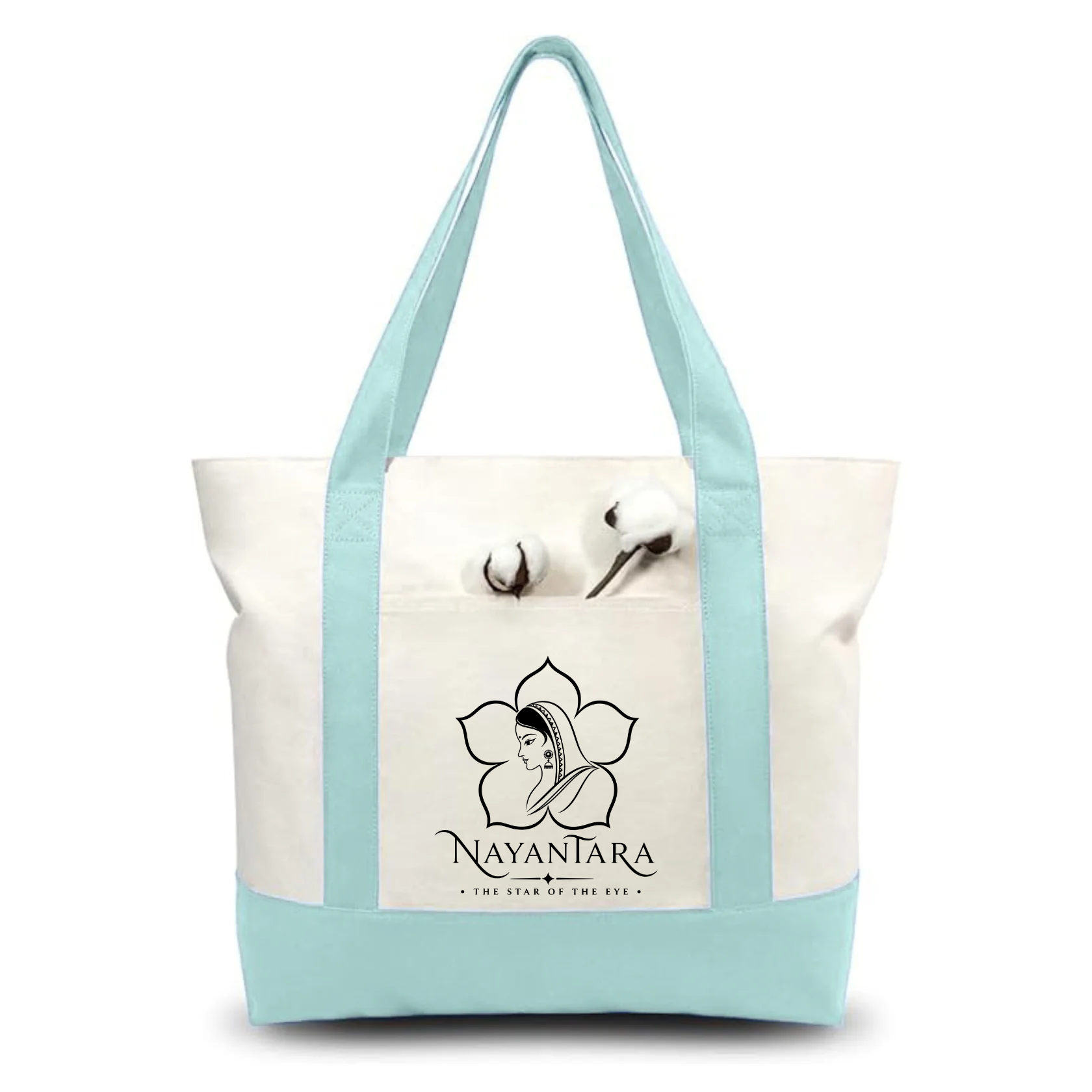Sky Blue and Beige Large Canvas Tote Bag | 19" x 15" x 6"