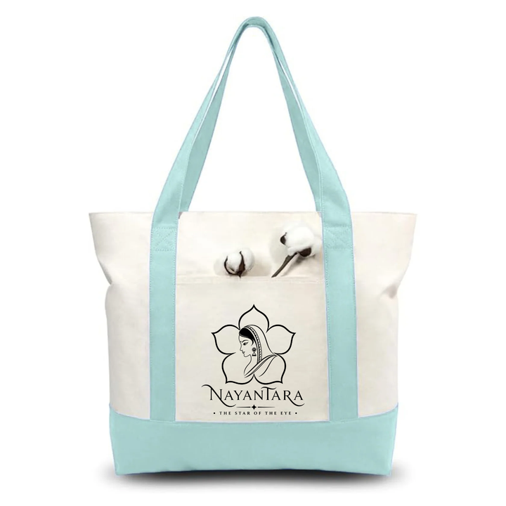 Sky Blue and Beige Large Canvas Tote Bag | 19" x 15" x 6"