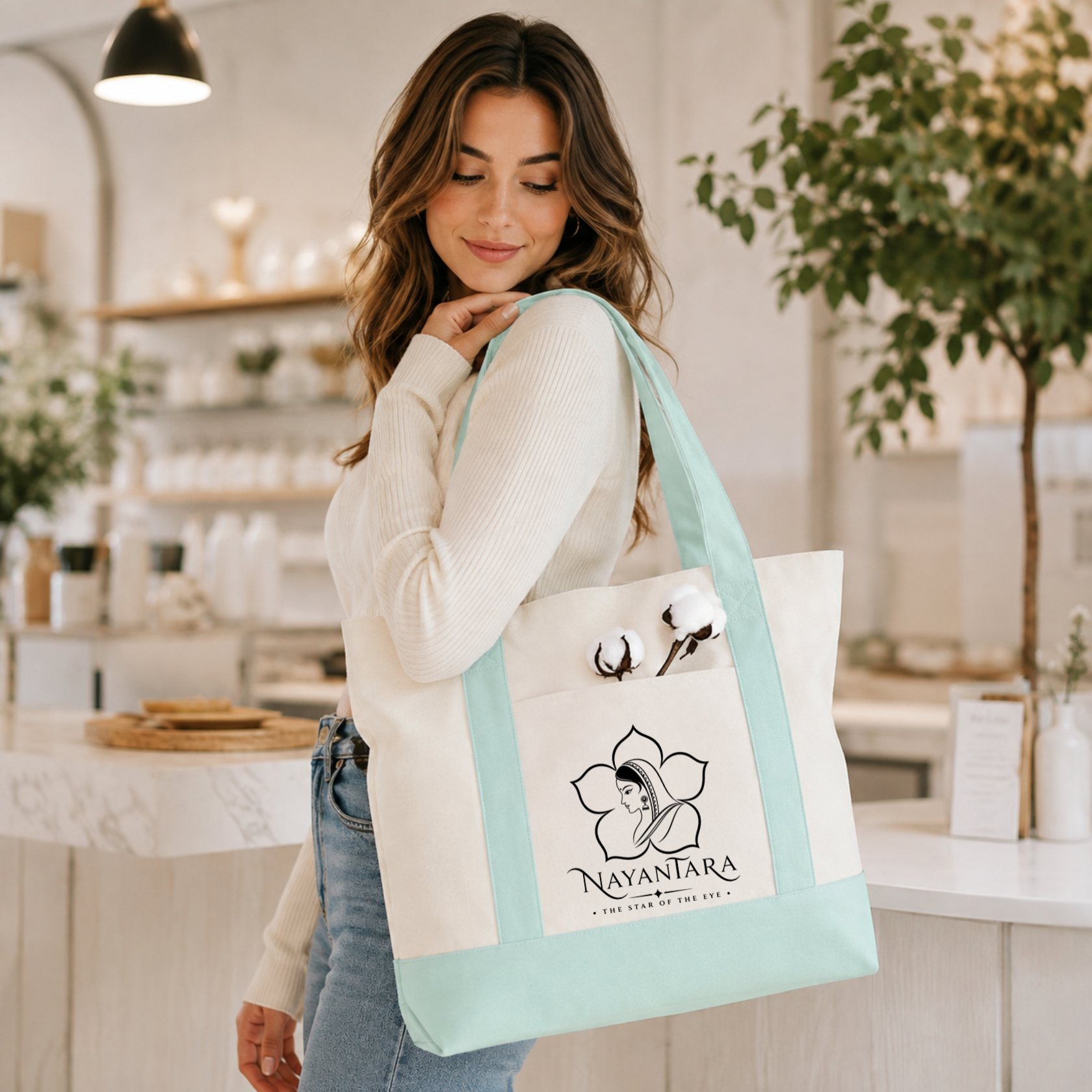 Sky Blue and Beige Large Canvas Tote Bag | 19" x 15" x 6"