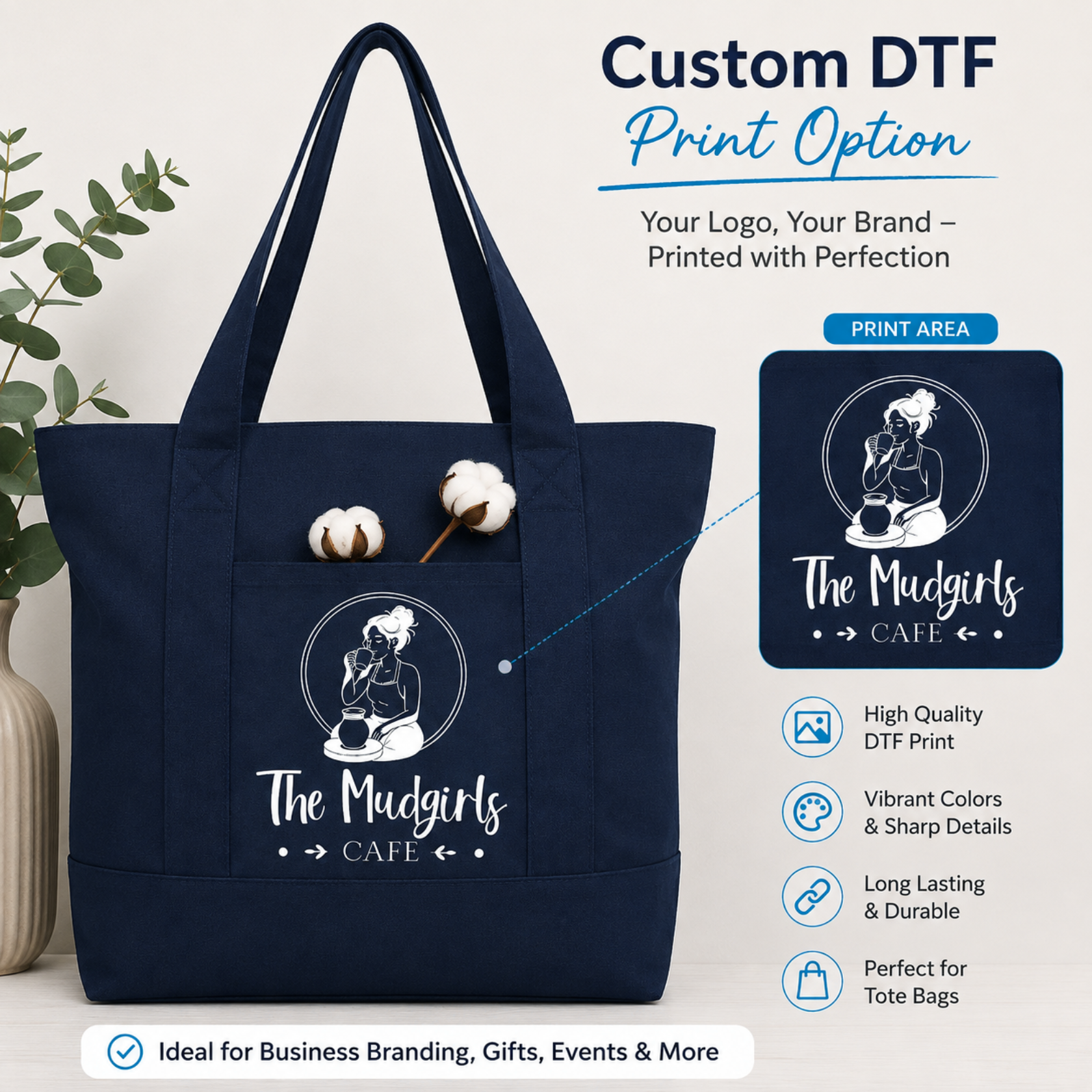 Navy Blue Large Canvas Tote Bag | 19" x 15" x 6"