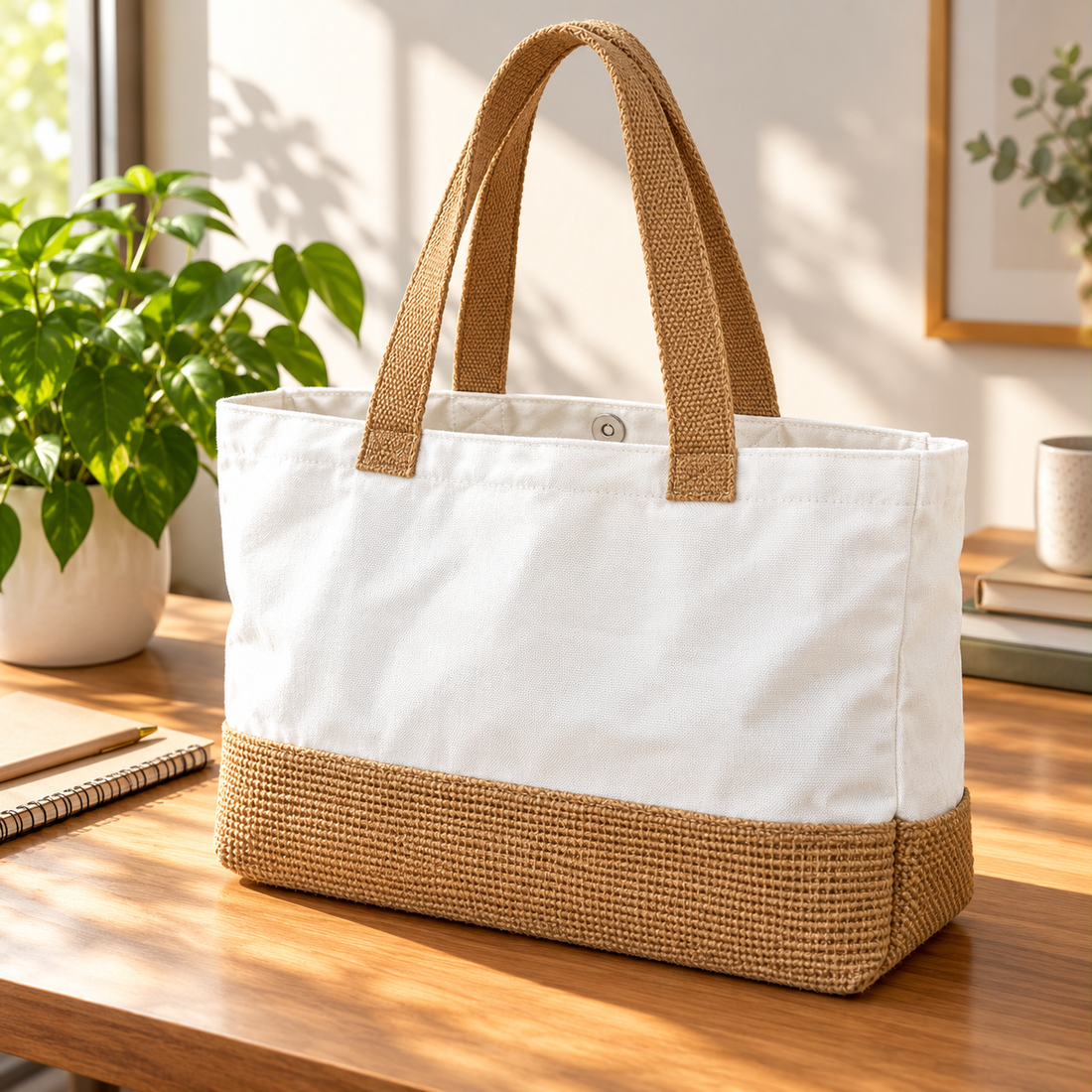 Plain 17.5x14x6 Natural Juco & Canvas Two-Tone Tote Bag