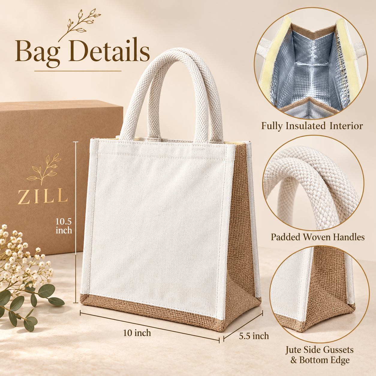 Plain 10x10.5x5.5 Natural Insulated Canvas Cooler Bag | 310 GSM