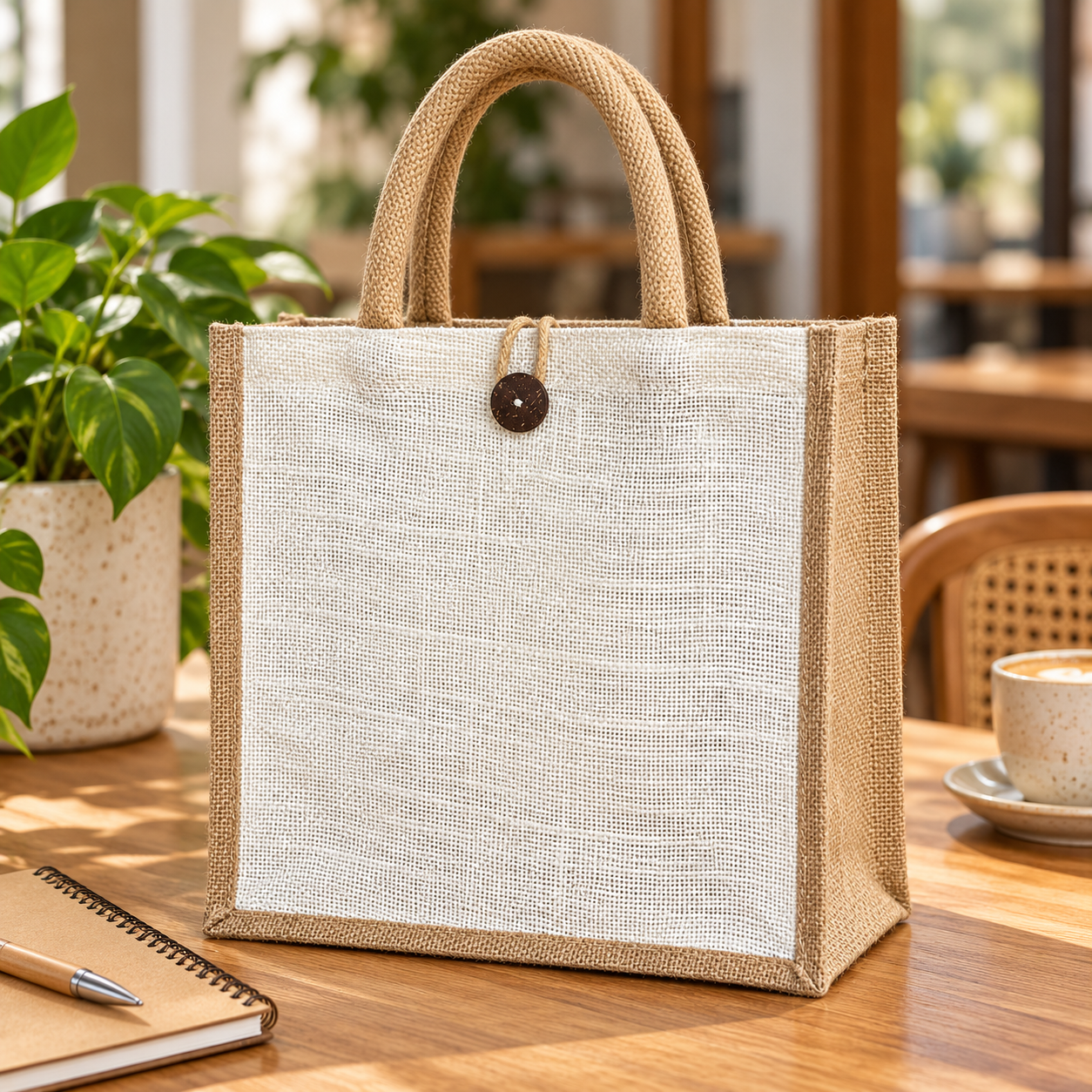 Plain 12x12x6 Natural Laminated Jute Gift Bag with Button Closure