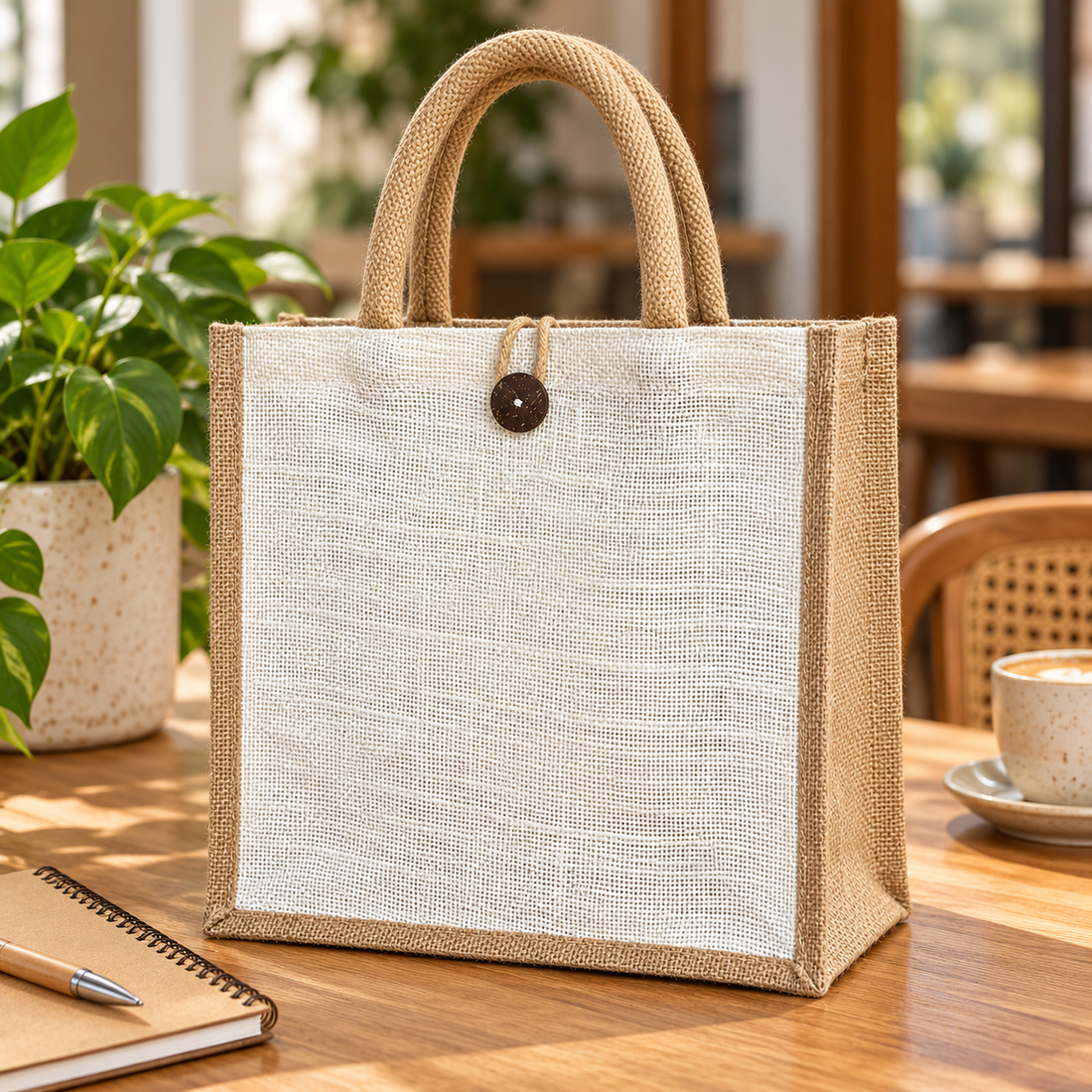 Plain 12x12x6 Natural Laminated Jute Gift Bag with Button Closure