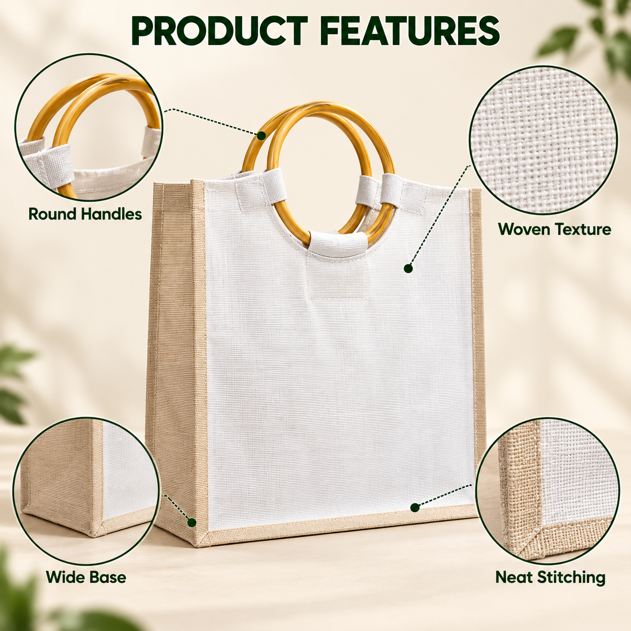 Plain 16x13x6 Natural Laminated Juco Bag with Cane Handles