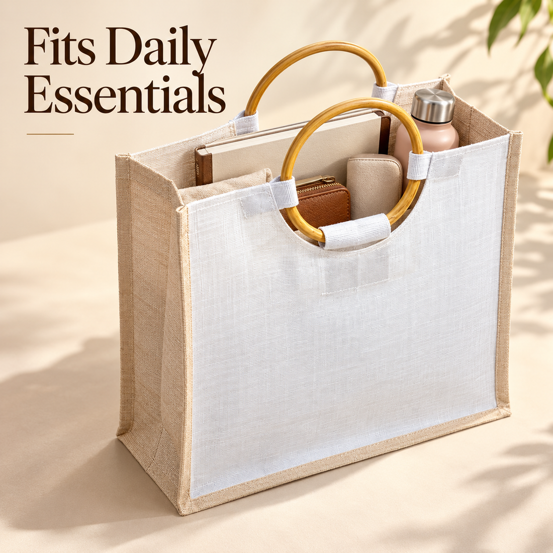 Plain 16x13x6 Natural Laminated Juco Bag with Cane Handles