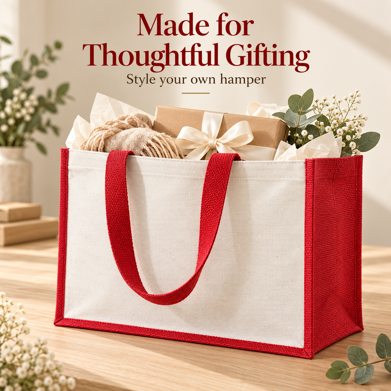 Plain 16x13x6 Red Laminated Jute & Canvas Hamper Bag