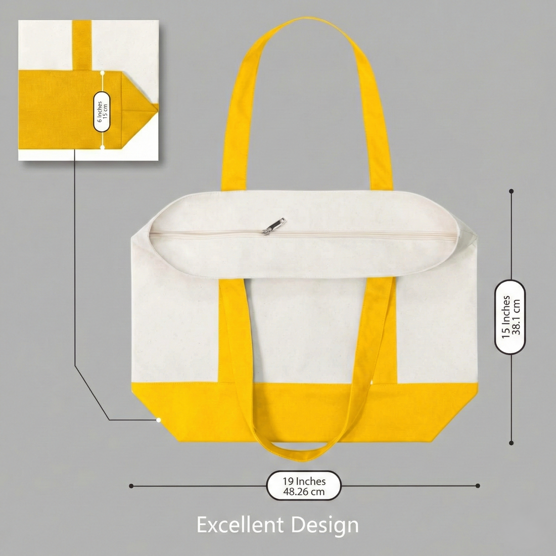 Yellow and Beige Large Canvas Tote Bag | 19" x 15" x 6"