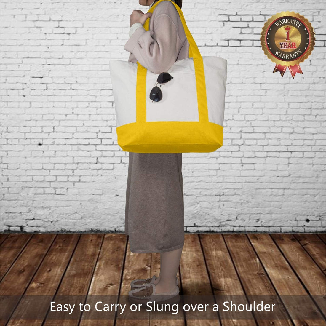 Yellow and Beige Large Canvas Tote Bag | 19" x 15" x 6"