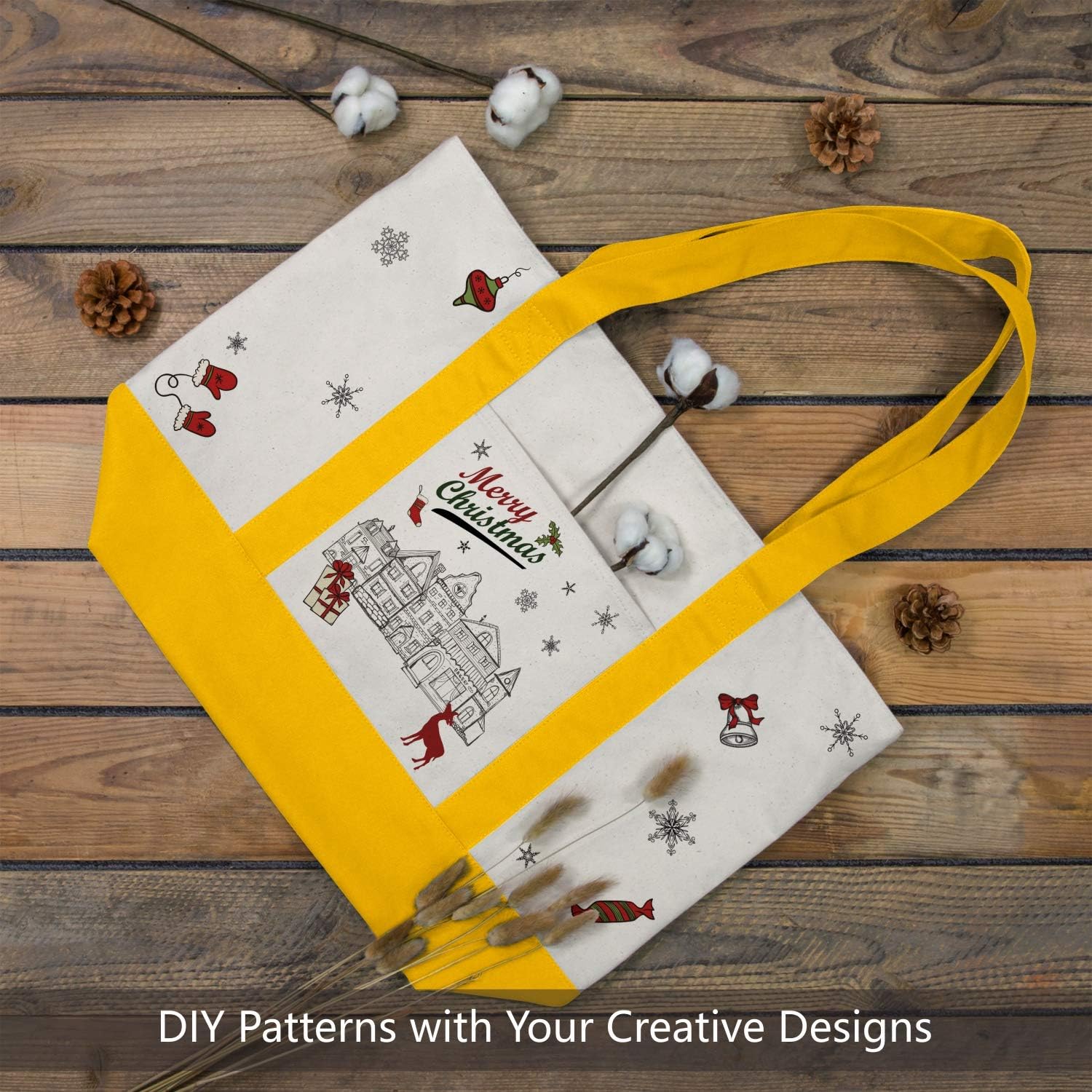 Yellow and Beige Large Canvas Tote Bag | 19" x 15" x 6"