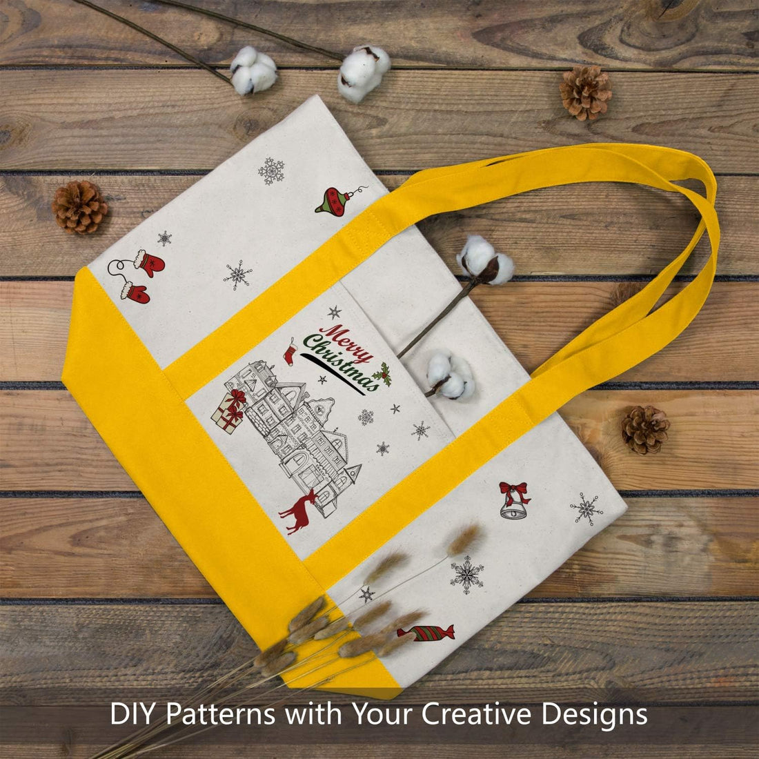 Yellow and Beige Large Canvas Tote Bag | 19" x 15" x 6"