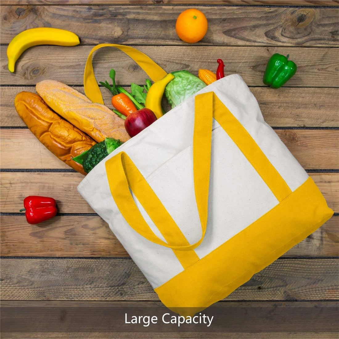 Yellow and Beige Large Canvas Tote Bag | 19" x 15" x 6"
