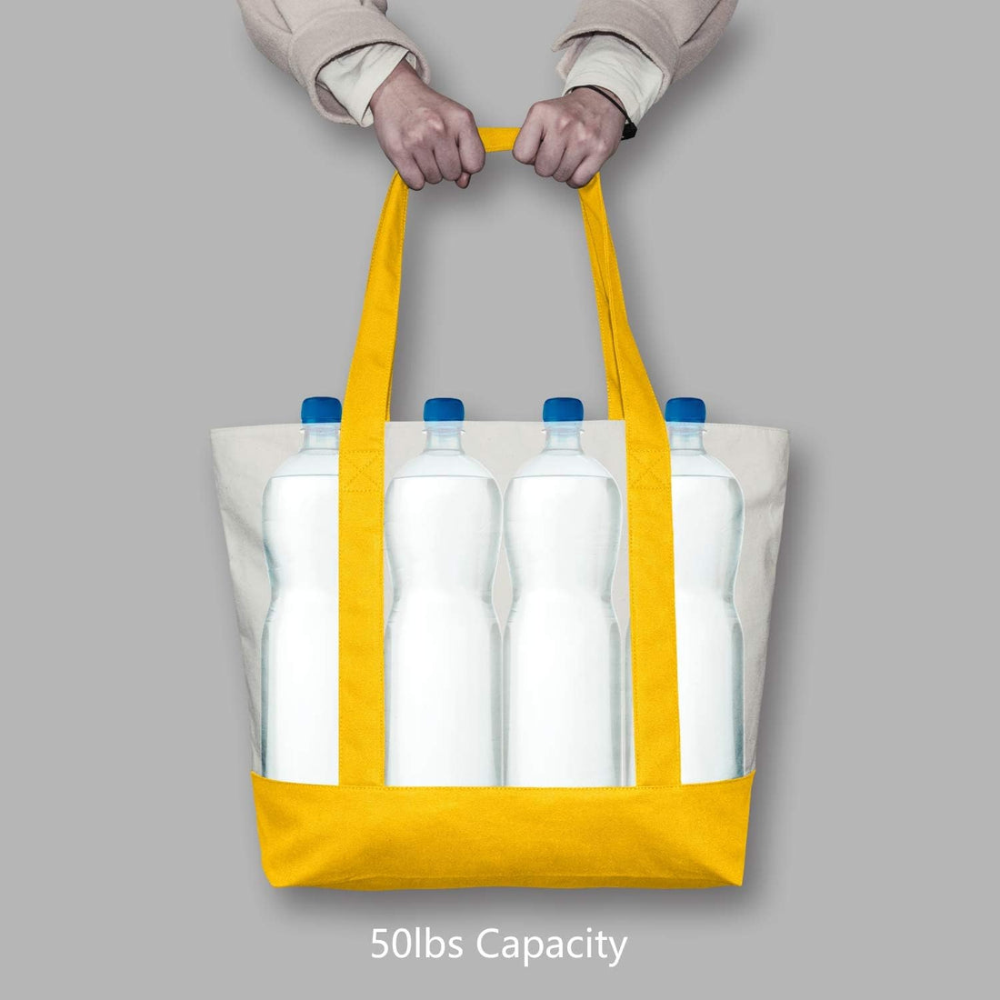 Yellow and Beige Large Canvas Tote Bag | 19" x 15" x 6"