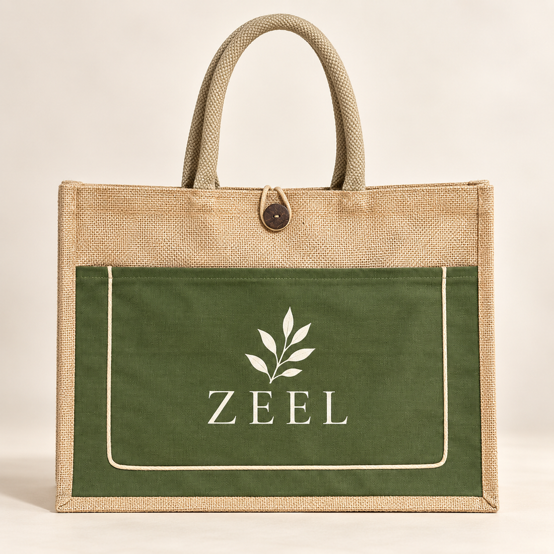 16x13x6 Olive & Natural Cotton-Jute Tote Bag with Front Pocket