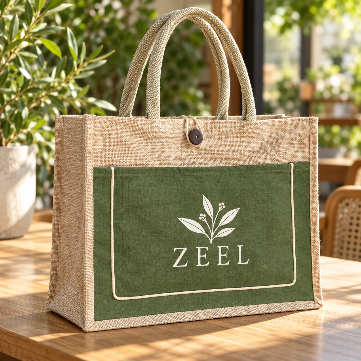 16x13x6 Olive & Natural Cotton-Jute Tote Bag with Front Pocket