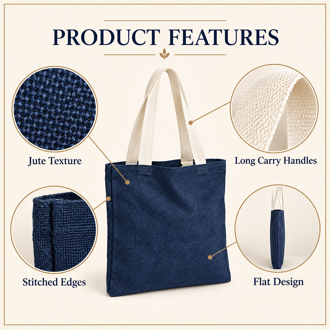 Plain 14.5x16.5 Navy Blue Jute Tote Bag
