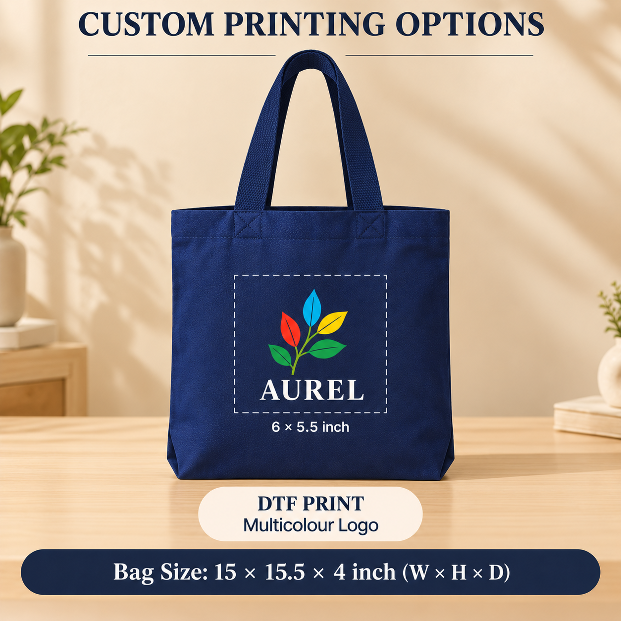 15x15.5x4 Navy Blue Gusseted Cotton Tote Bag | 235 GSM