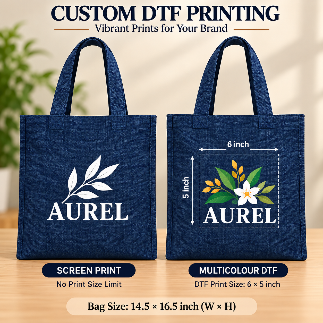 14.5x16.5 Navy Blue Jute Tote Bag
