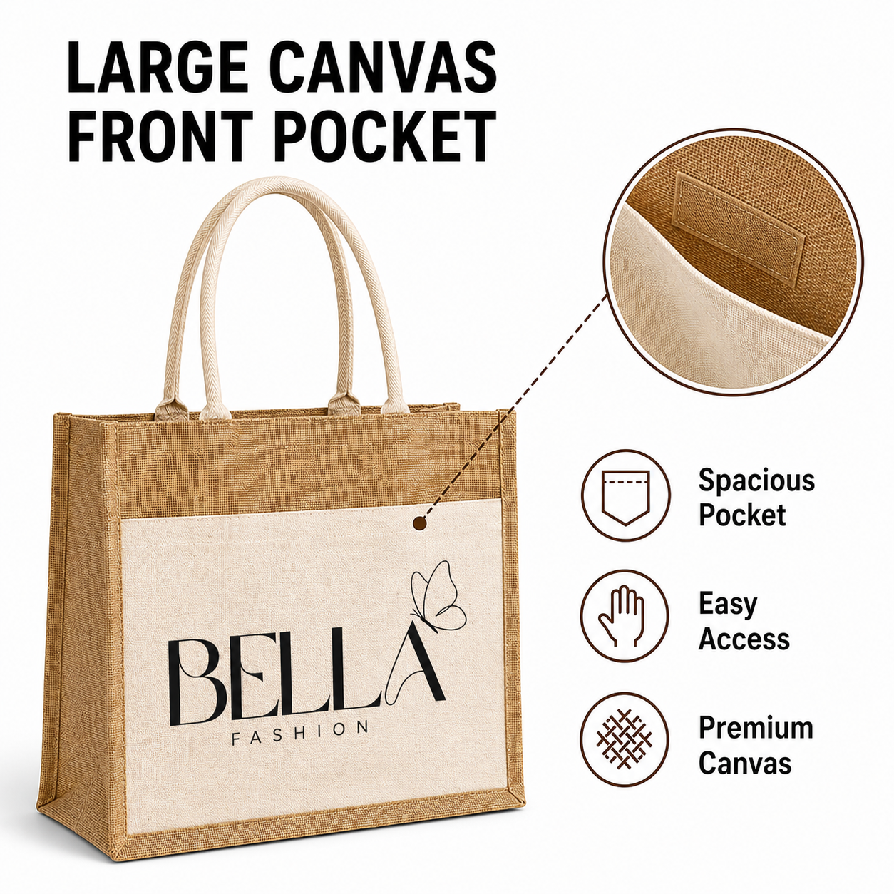 Custom 9×11×4 Jute Tote Bags with Canvas Front Pocket | 350 GSM