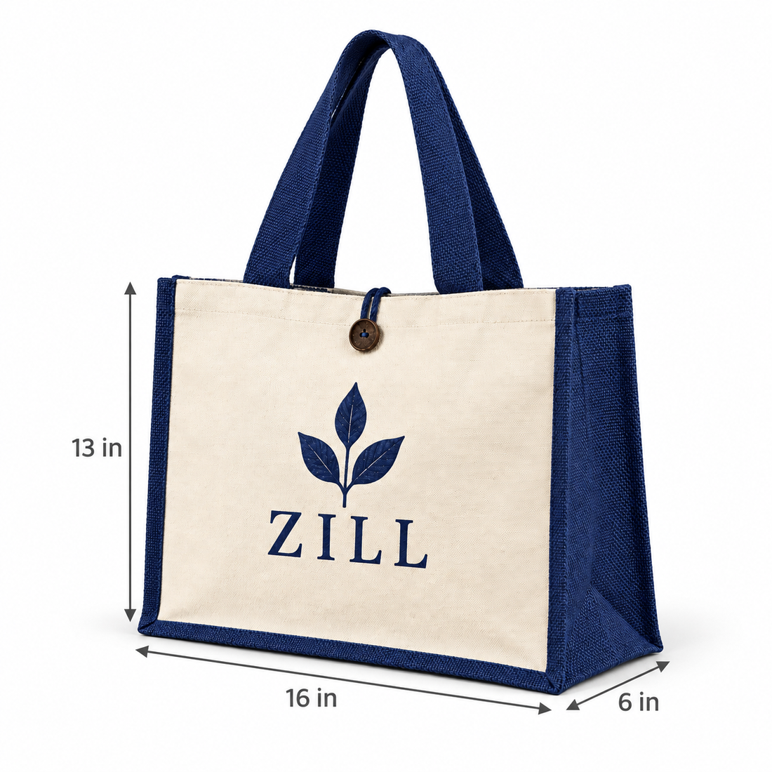 16x13x6 Navy Blue Laminated Jute & Canvas Hamper Bag with Button Closure