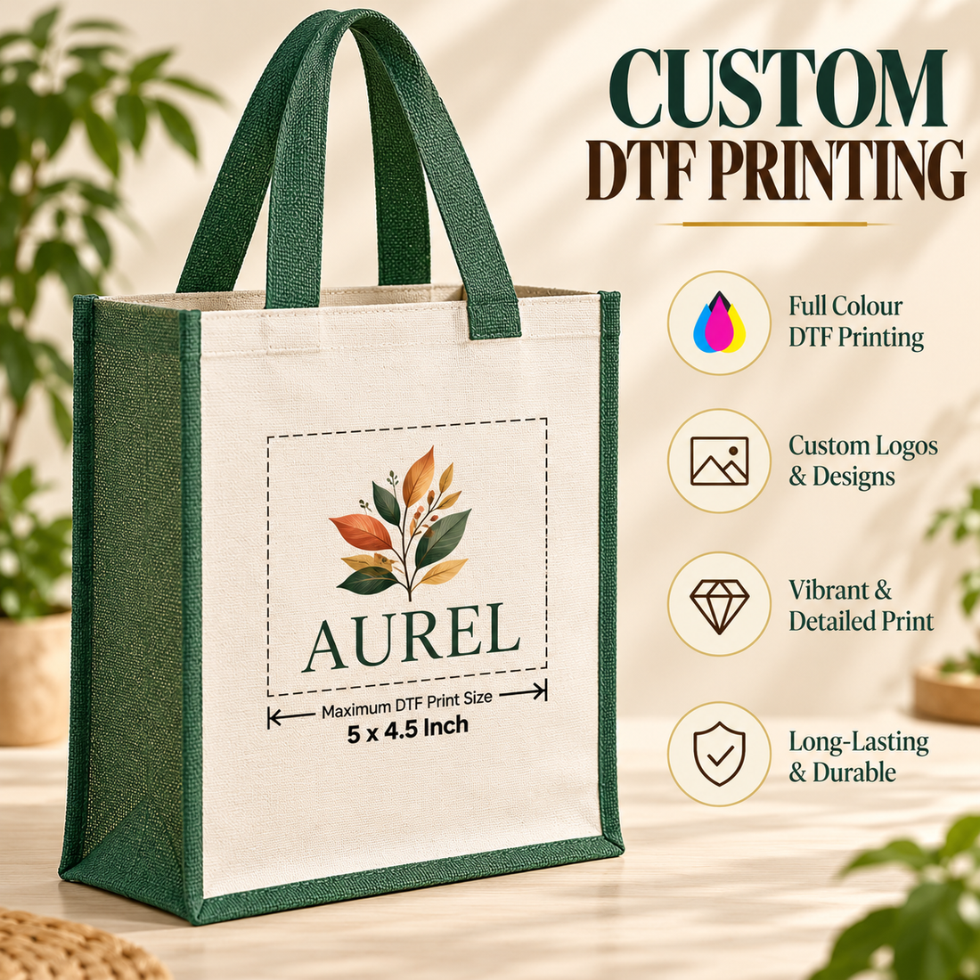 12x15.5x5.5 Green Laminated Jute & Canvas Tote Bag