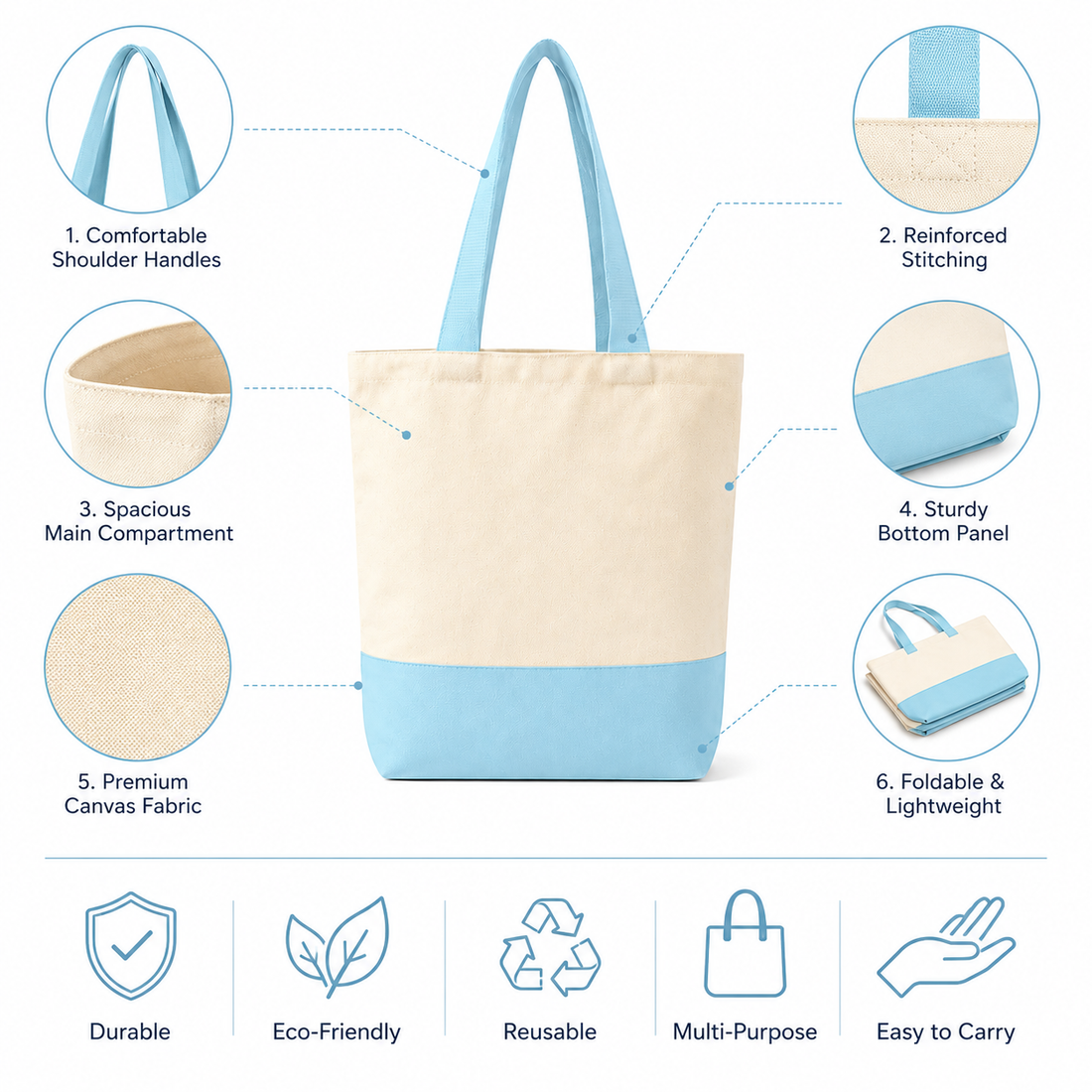 Sky Blue & Beige Tote Bag | 330 GSM