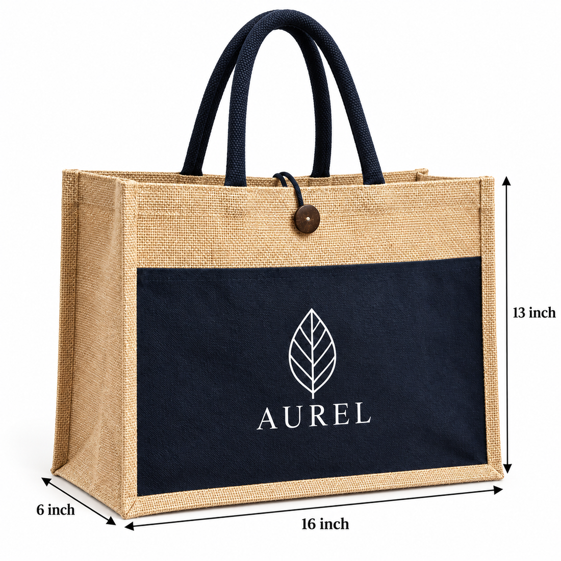 16x13x6 Black & Natural Laminated Jute Hamper Bag with Canvas Front Pocket