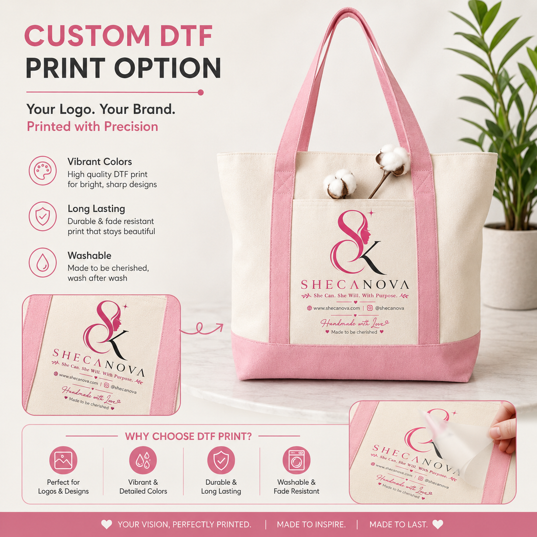 Pink and Beige Large Canvas Tote Bag | 19" x 15" x 6"