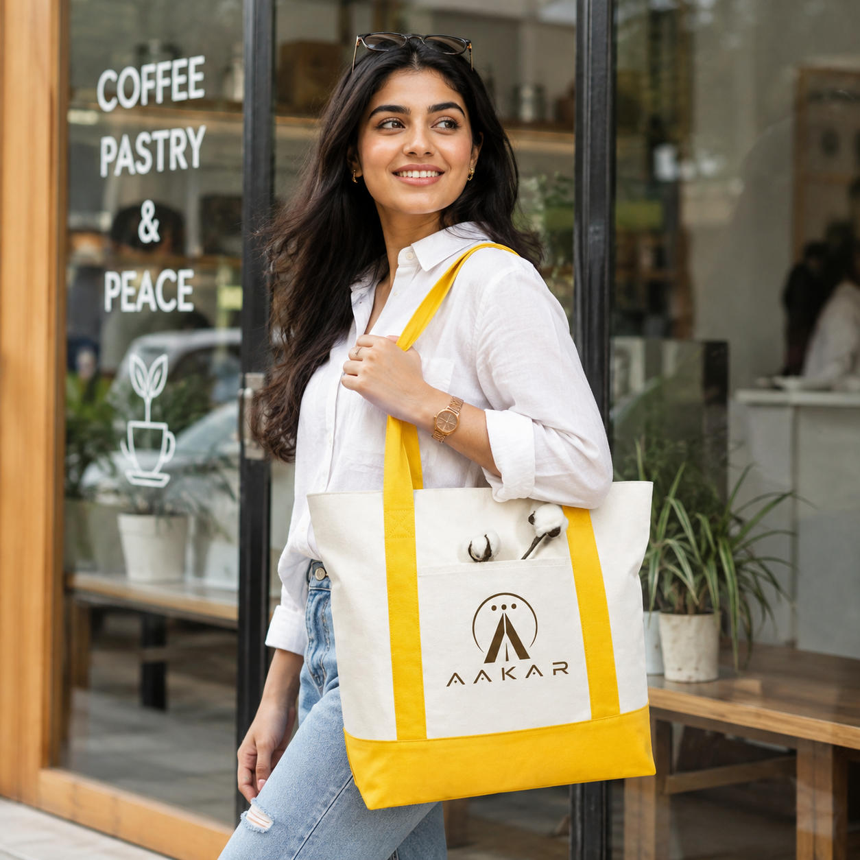 Yellow and Beige Large Canvas Tote Bag | 19" x 15" x 6"