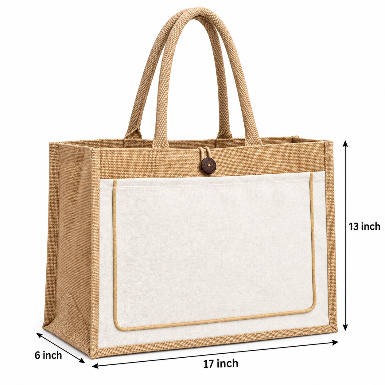 Plain 17x13x6 Ivory & Natural Jute Tote Bag with Piped Canvas Front Pocket