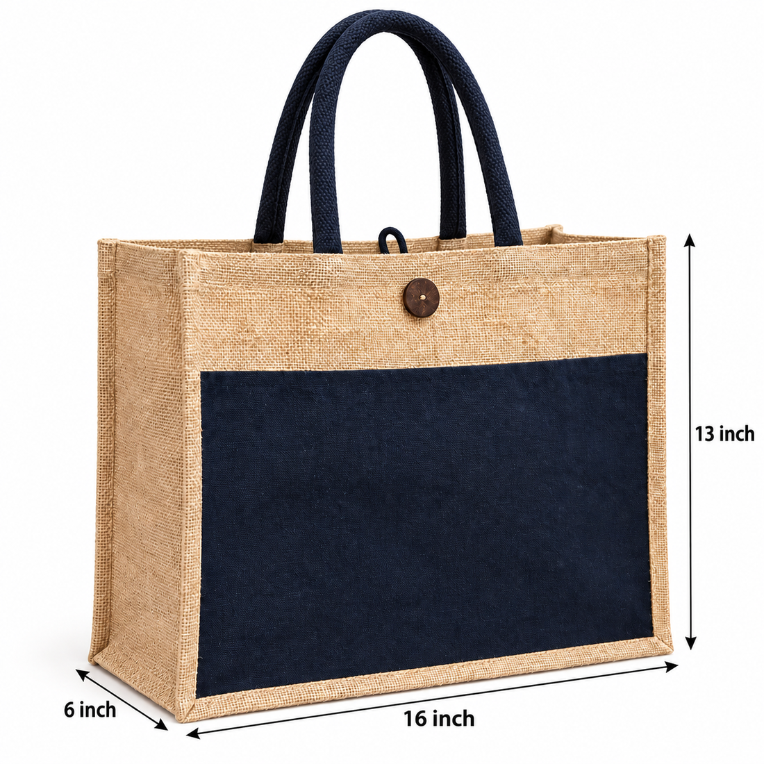 Plain 16x13x6 Black & Natural Laminated Jute Hamper Bag with Canvas Front Pocket