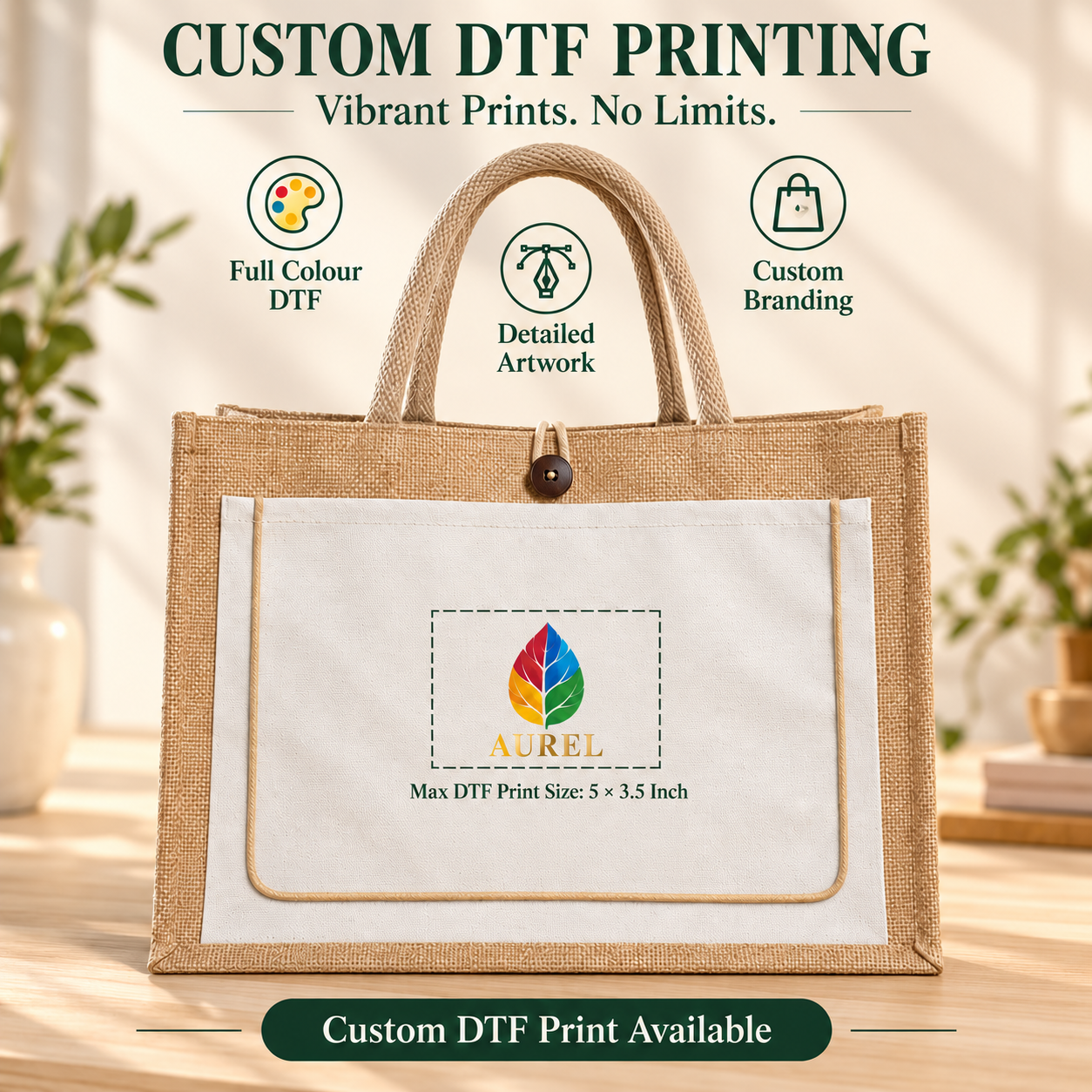 17x13x6 Ivory & Natural Jute Tote Bag with Piped Canvas Front Pocket
