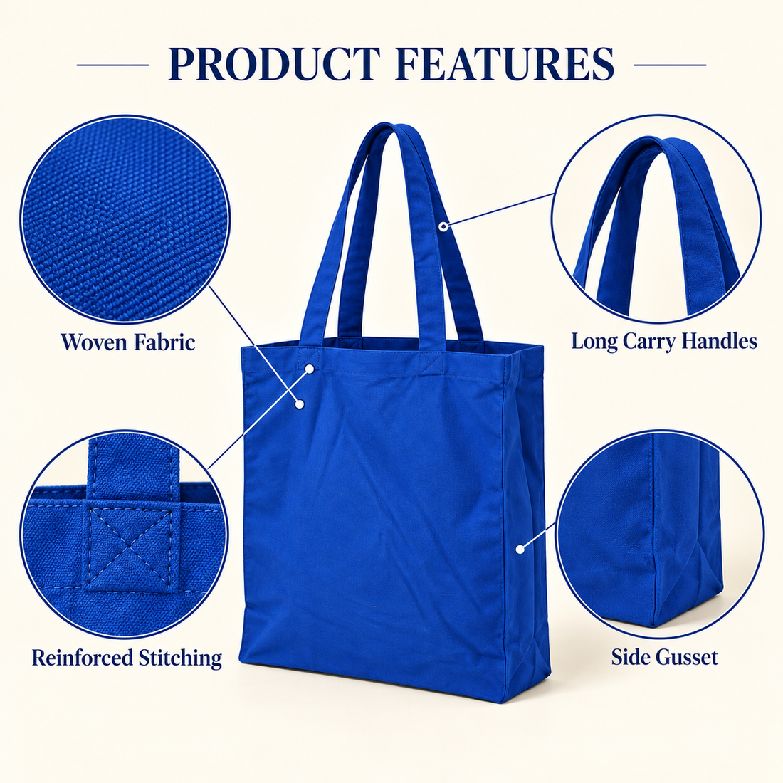 Plain 13x15.5x4.5 Navy Blue Gusseted Cotton Tote Bag | 150 GSM
