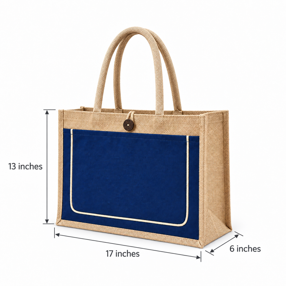Plain 17x13x6 Royal Blue & Natural Jute Tote Bag with Piped Canvas Front Pocket