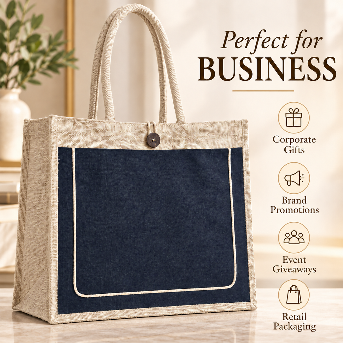 Plain 17x13x6 Black & Natural Jute Tote Bag with Piped Canvas Front Pocket